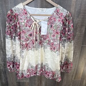 Ember Sheer Floral Lace Peasant‎ Blouse M – Romantic Boho Layered Top NWT